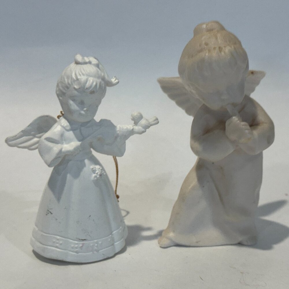 Vintage White Angel Figurines Set of 2 Praying & Violin Shabby Chic Christmas